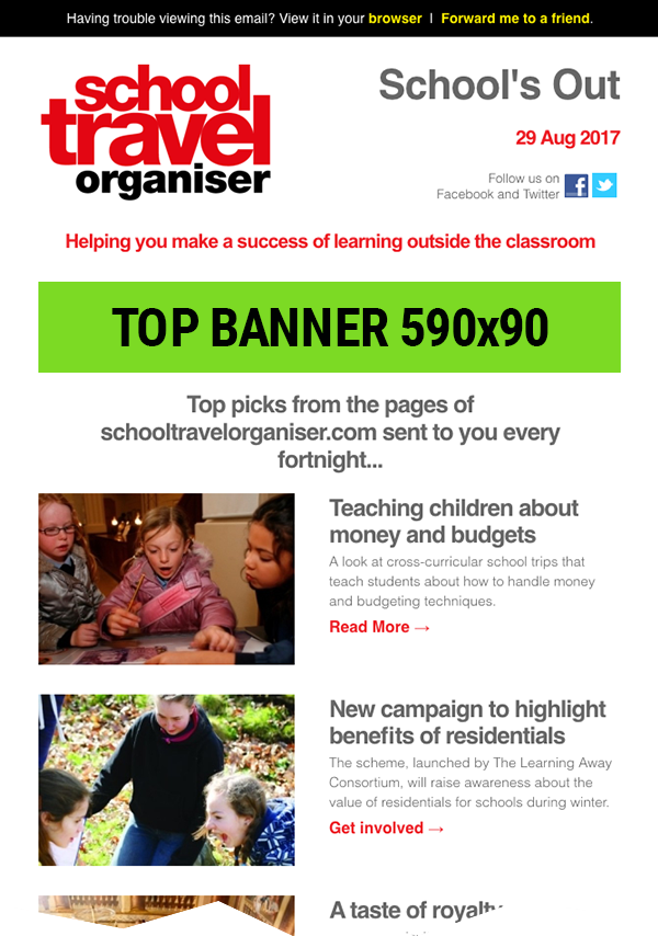 Group Leisure e-newsletter top banner placement